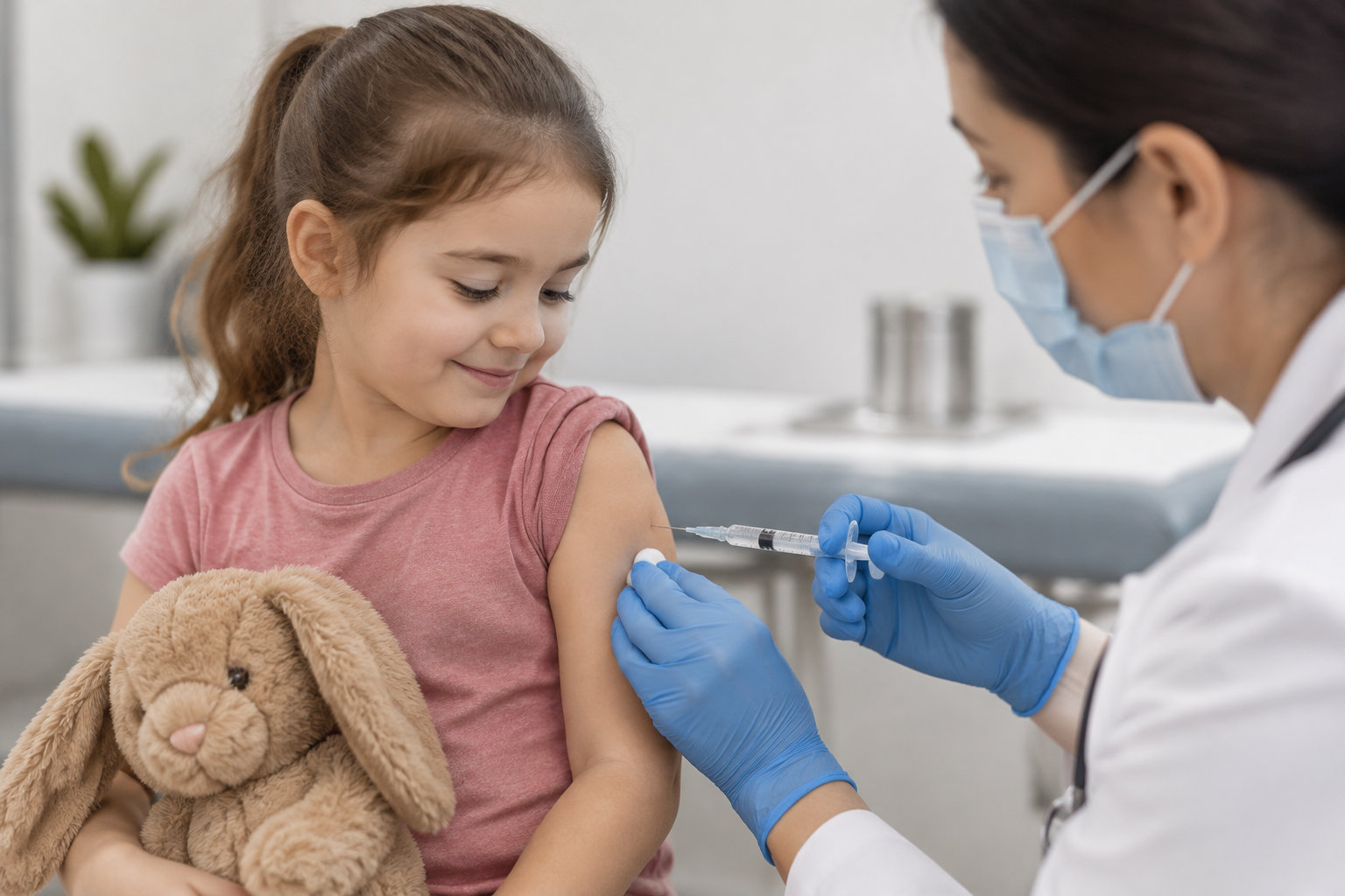 Une fillette tenant une peluche reçoit une injection au bras d’une professionnelle de santé masquée et gantée.