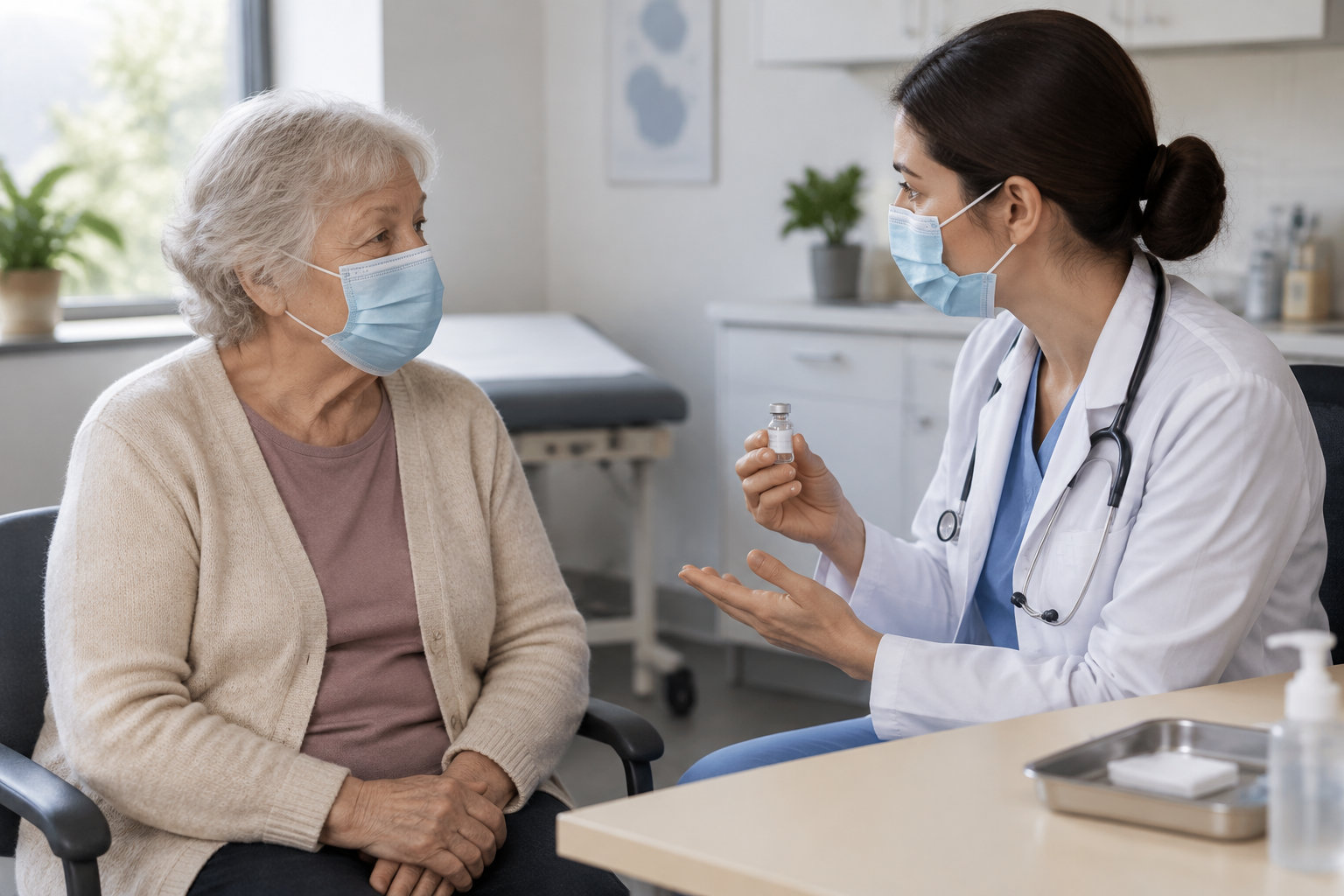 Une médecin masquée montre un petit flacon à une patiente âgée masquée, dans un cabinet médical.
