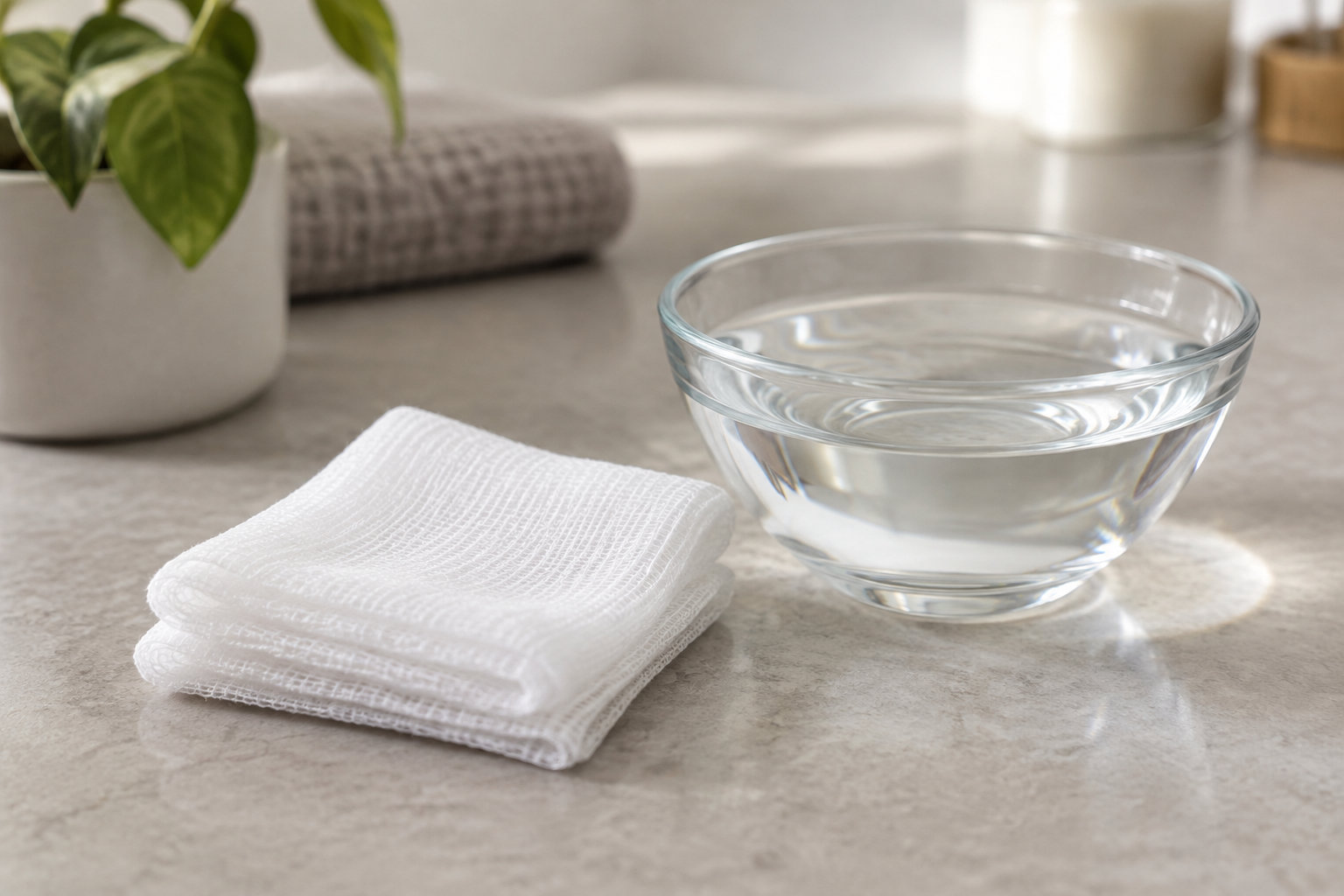 Un bol en verre rempli d’eau et des compresses blanches pliées sont posés sur une surface claire, avec une plante en arrière-plan.