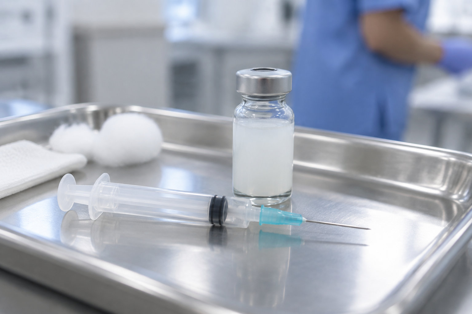 Une seringue et un flacon de liquide sont posés sur un plateau métallique, avec des compresses et une personne en blouse bleue en arrière-plan.