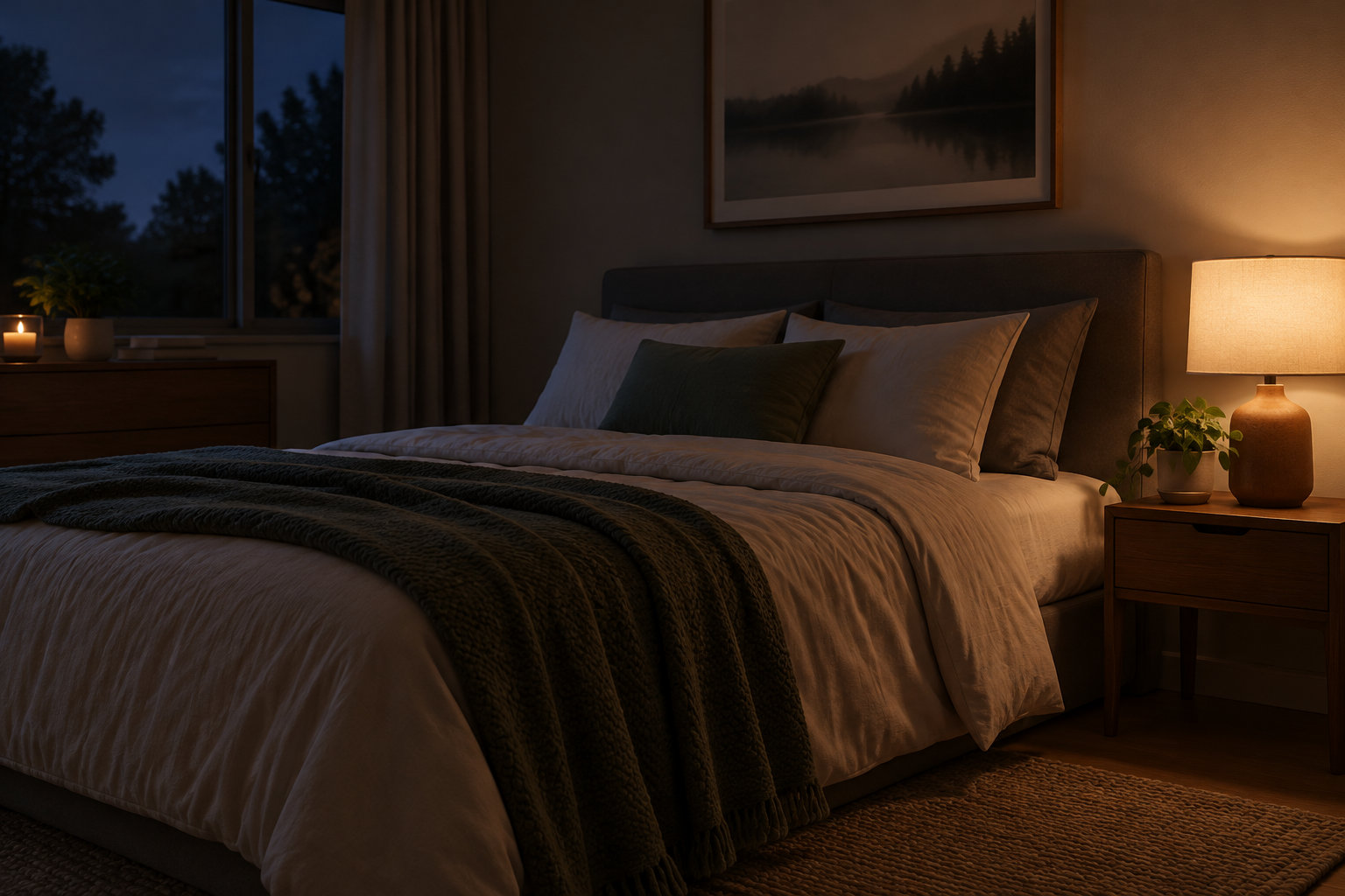 Une chambre tamisée avec un lit aux draps clairs, un plaid sombre, une lampe allumée et une fenêtre ouverte sur des arbres dans la nuit.
