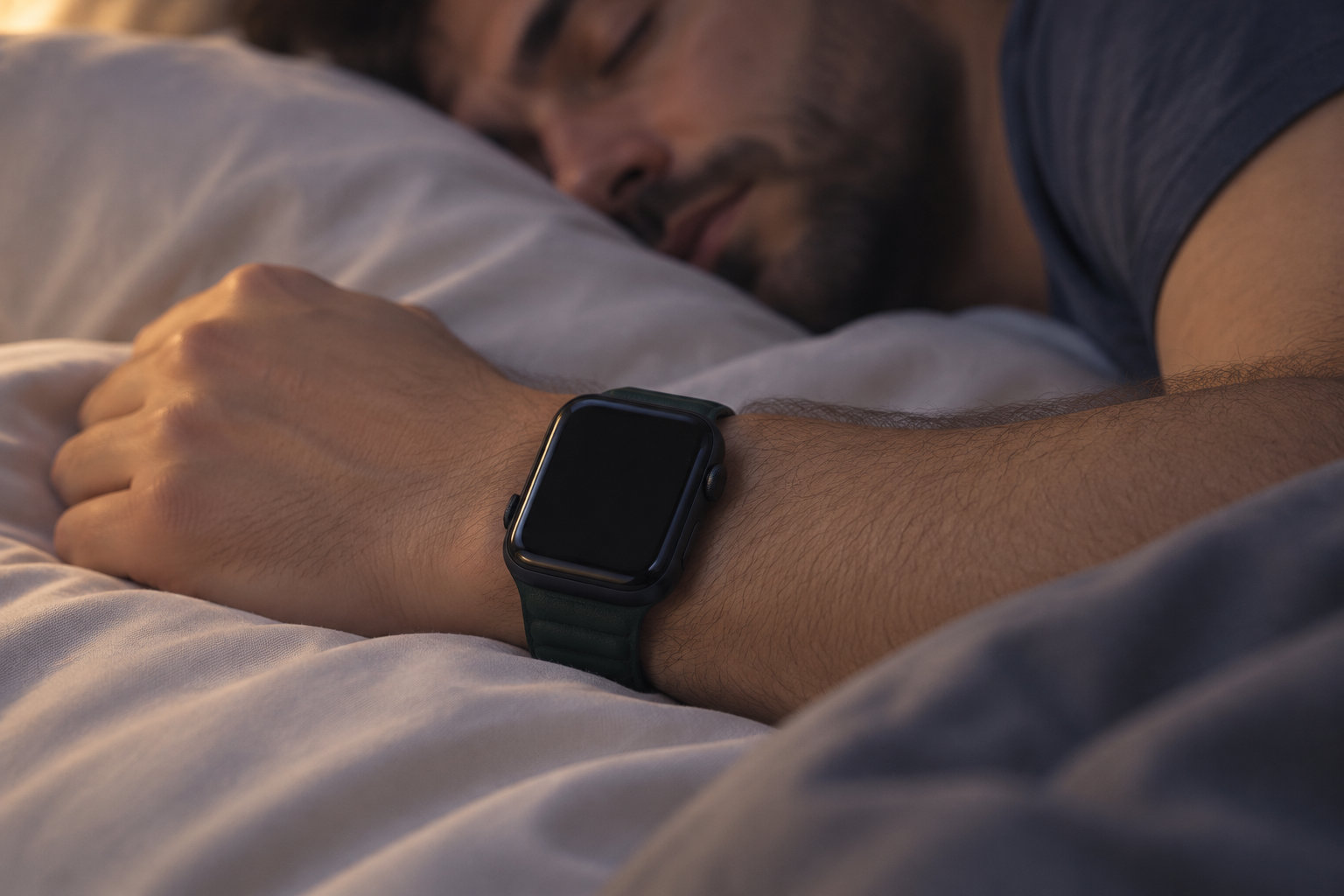 Un homme allongé dans un lit porte une montre connectée à écran éteint.
