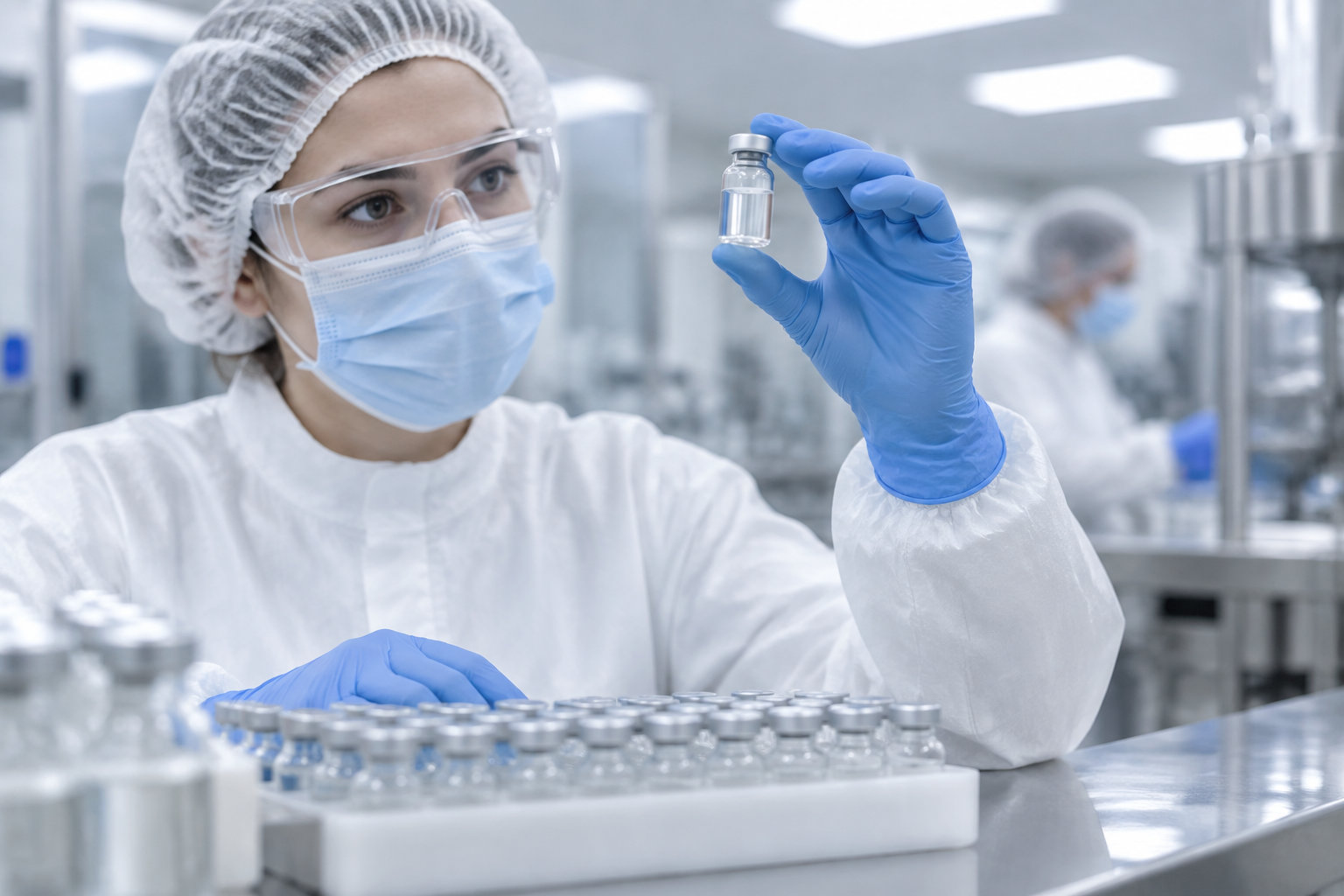 Une personne en tenue de protection examine un petit flacon au-dessus d’un plateau rempli de flacons, dans un laboratoire.