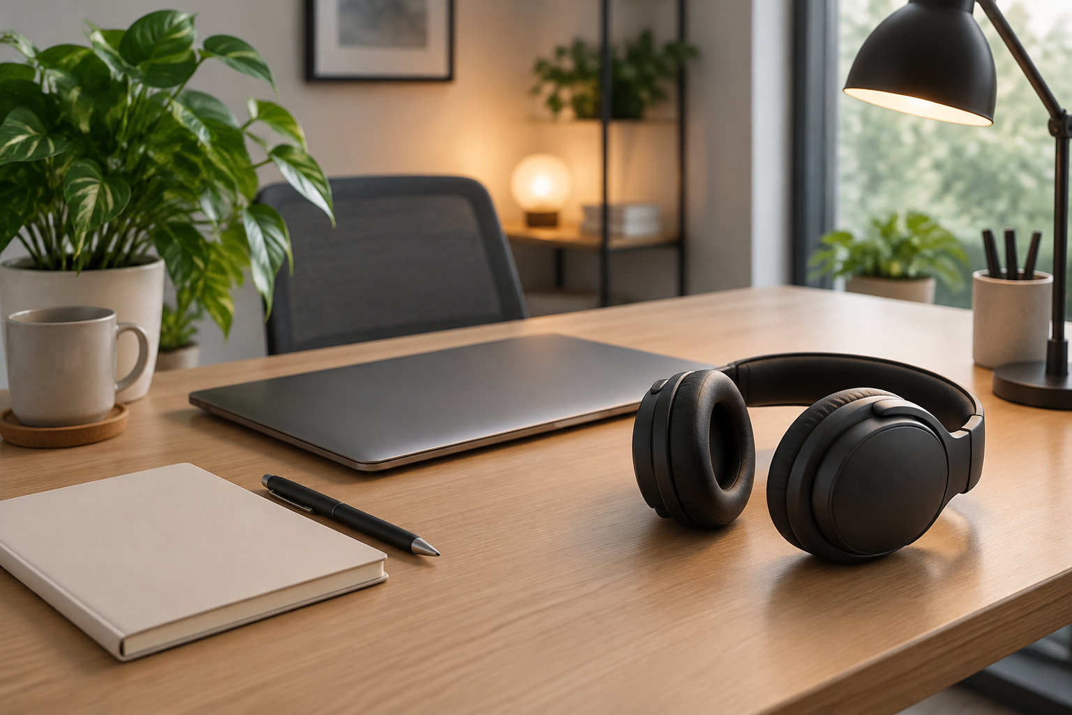 Un bureau en bois avec un ordinateur portable fermé, un casque audio, un carnet, un stylo, une tasse, des plantes et une lampe allumée.