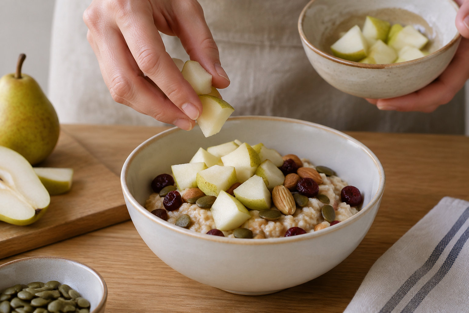Une main ajoute des morceaux de poire dans un bol de porridge garni de fruits secs et de graines, sur une table en bois.