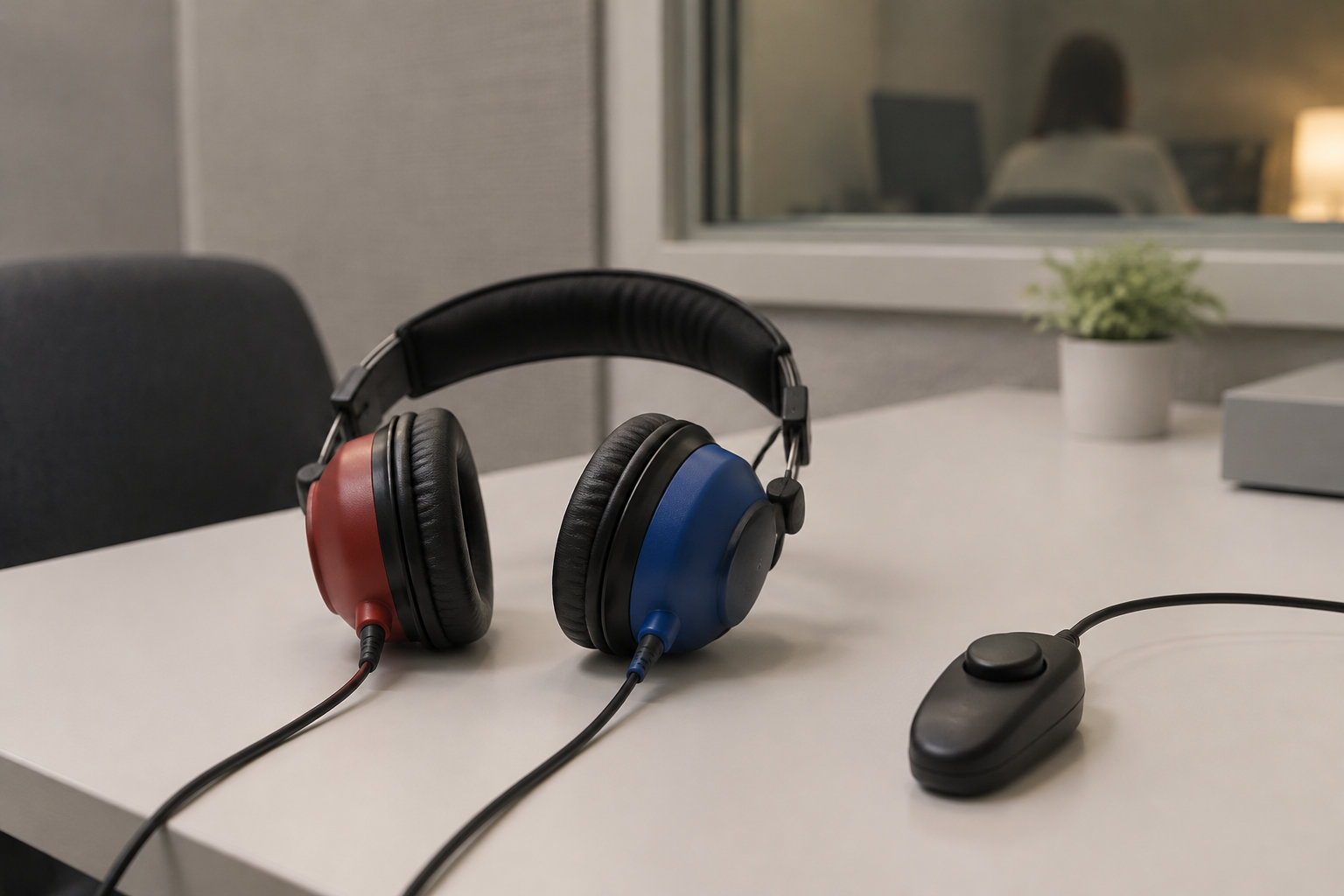 Un casque audio filaire rouge et bleu et une commande avec un bouton sont posés sur une table dans un bureau.