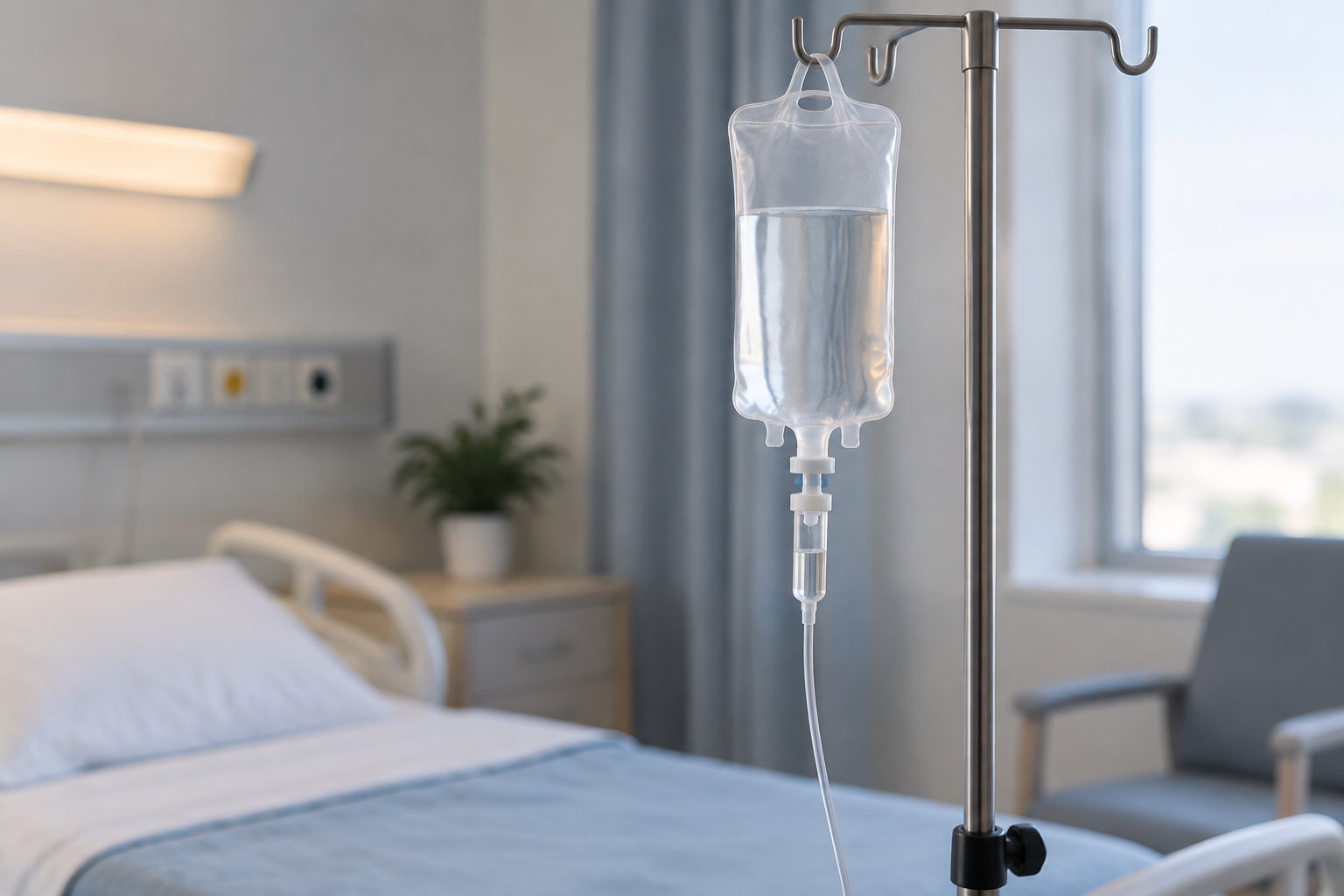 Une poche de perfusion transparente est suspendue à une potence métallique dans une chambre d’hôpital vide.