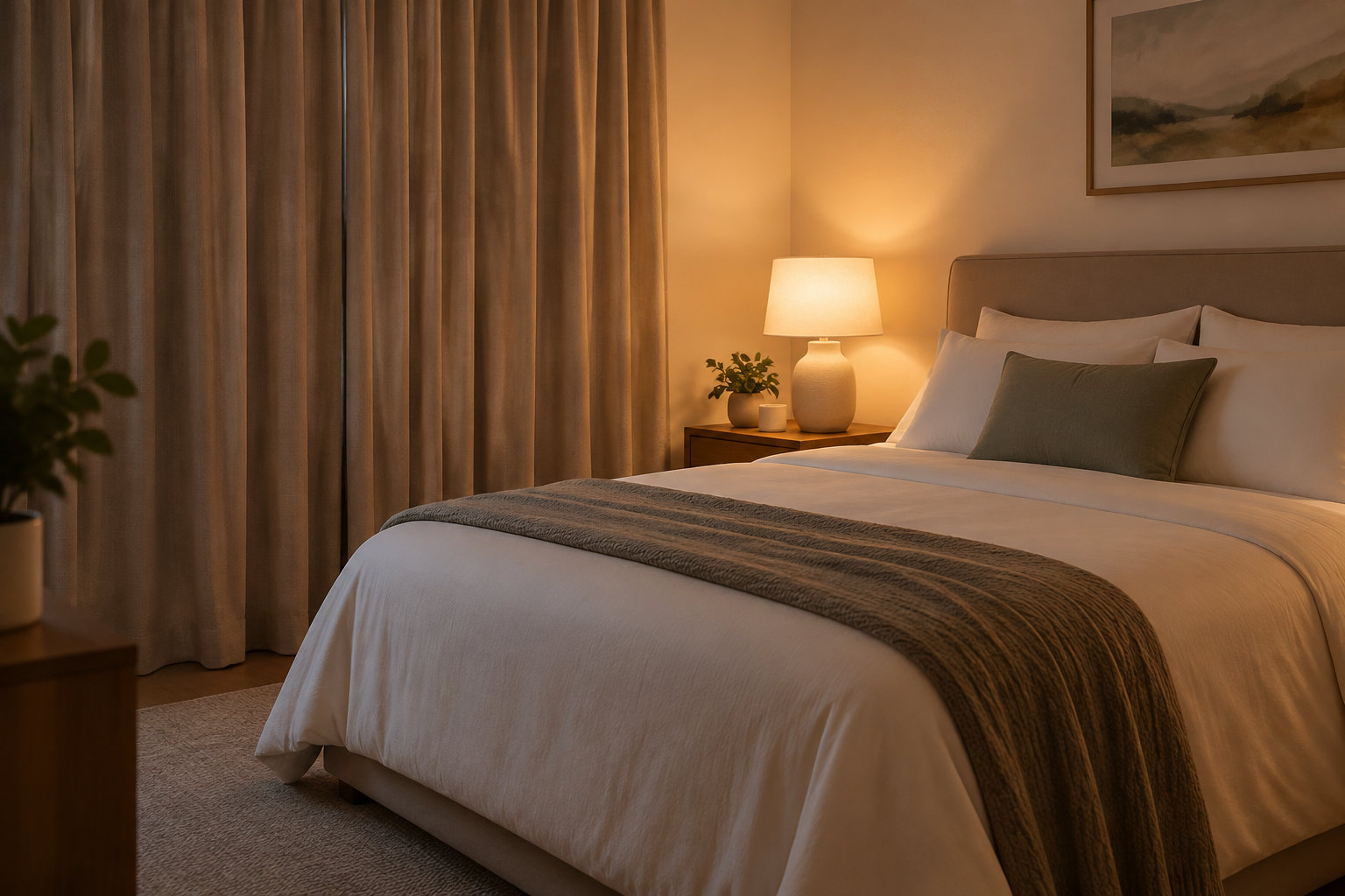 Une chambre chaleureuse avec un grand lit aux draps blancs, une couverture brune, des rideaux et une lampe allumée sur la table de chevet.