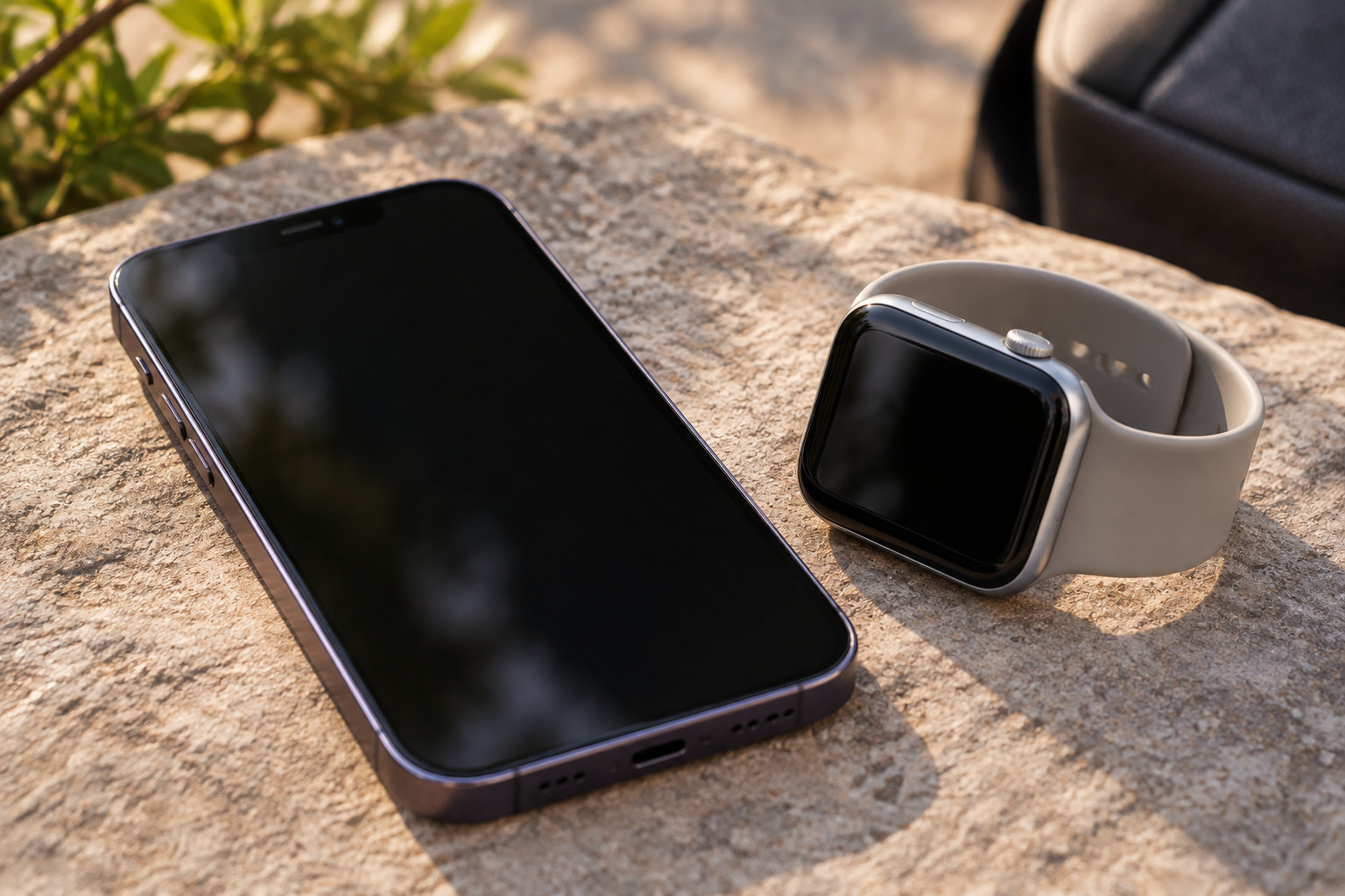 Un téléphone et une montre connectée aux écrans éteints reposent sur une table en pierre, près de plantes.