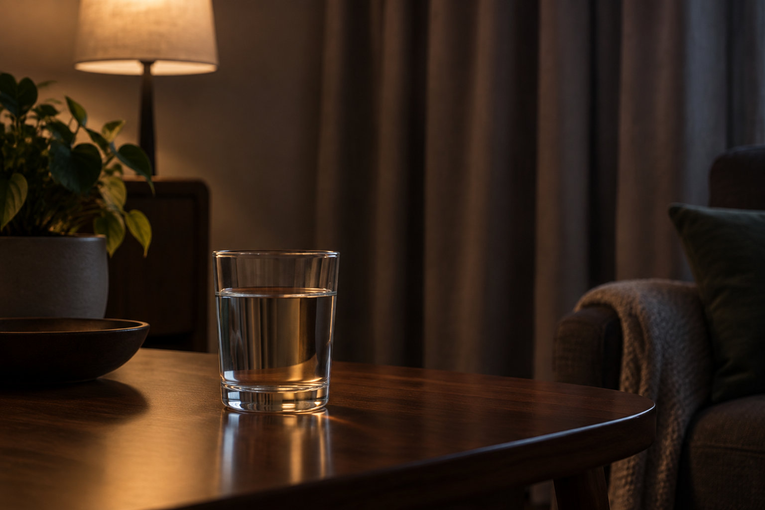 Un verre d’eau est posé sur une table basse en bois dans un salon éclairé par une lampe, avec une plante et un fauteuil en arrière-plan.