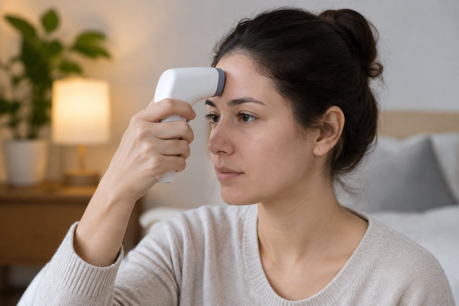 Une femme tient un thermomètre infrarouge contre son front dans une pièce à vivre.