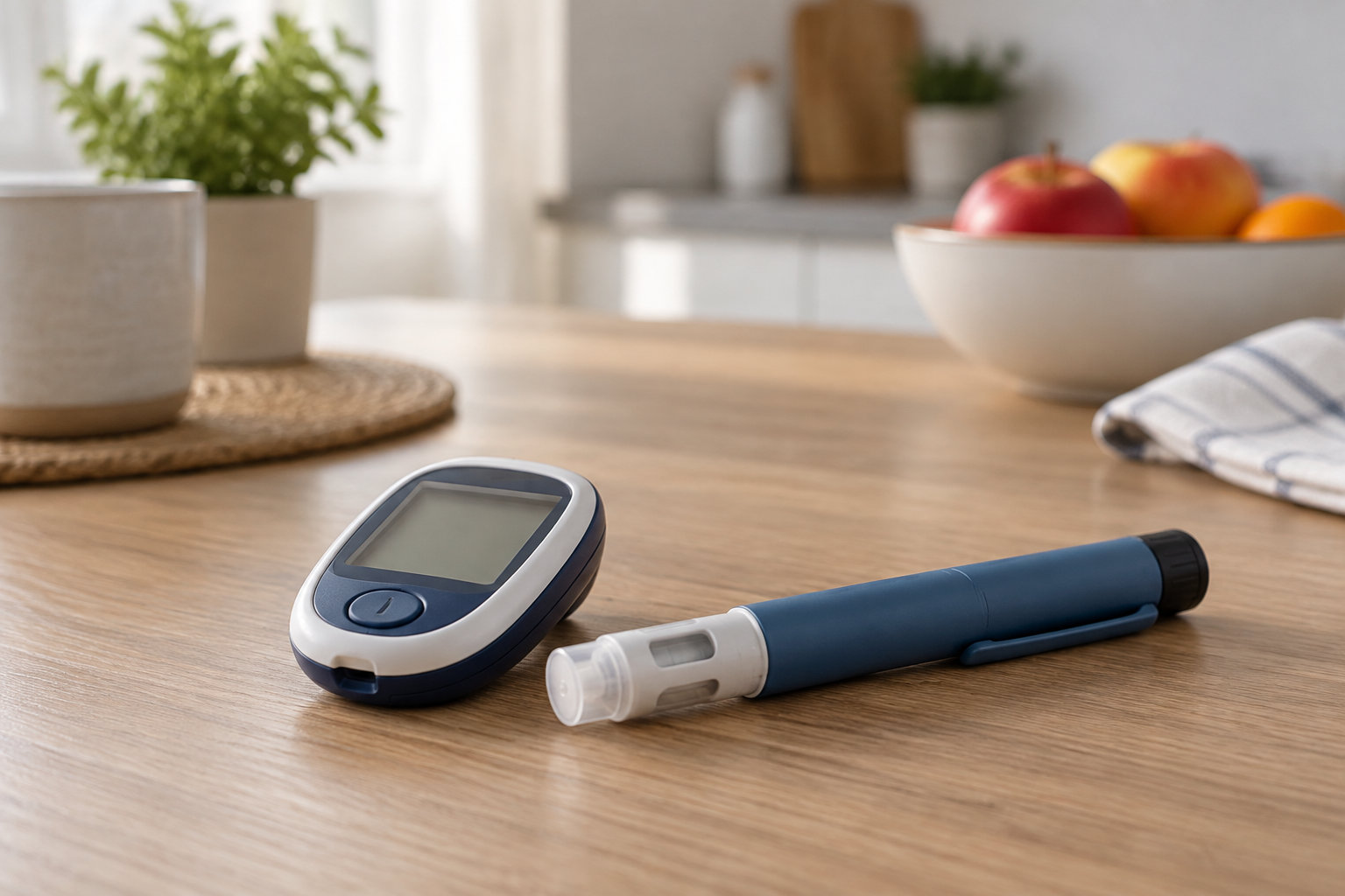 Un lecteur de glycémie et un stylo injecteur sont posés sur une table en bois, dans une cuisine avec un bol de fruits et une plante en arrière-plan.