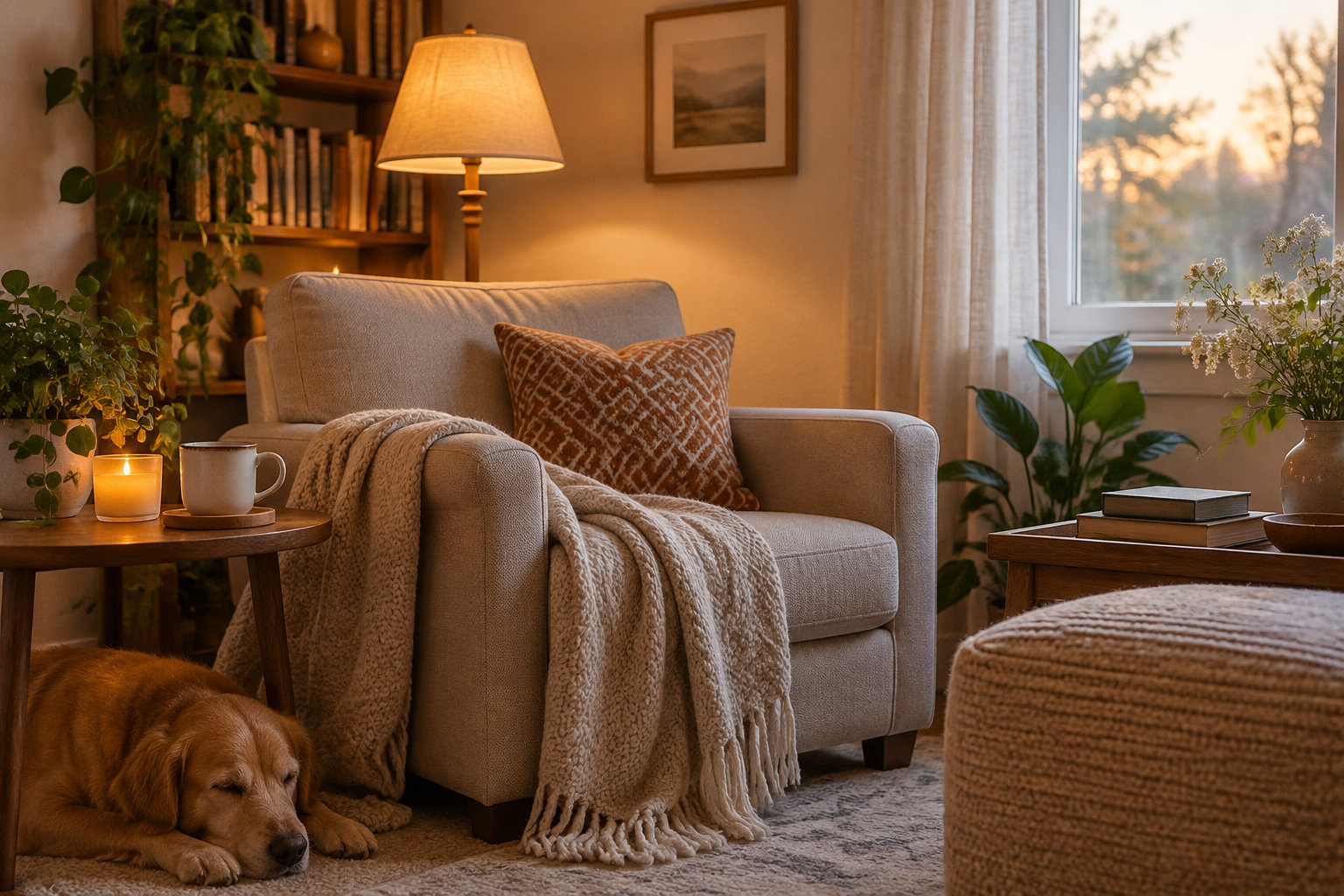 Un salon chaleureux avec un fauteuil couvert d’un plaid, une bougie allumée, une tasse, des plantes et un chien couché sur le tapis.