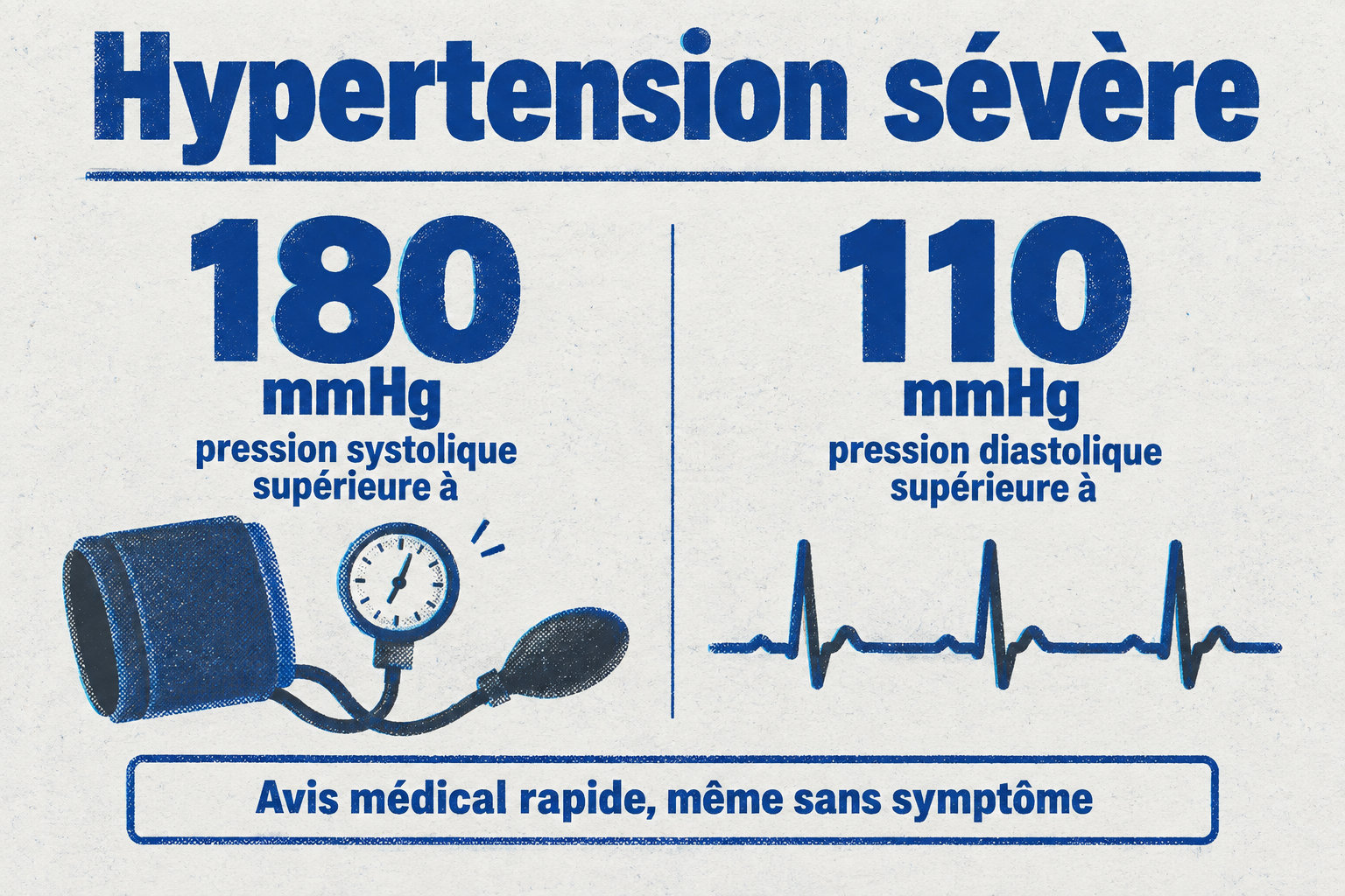 Une pression systolique supérieure à 180 mmHg ou une pression diastolique supérieure à 110 mmHg correspond à une hypertension sévère, qui appelle un avis médical rapide même sans symptôme.