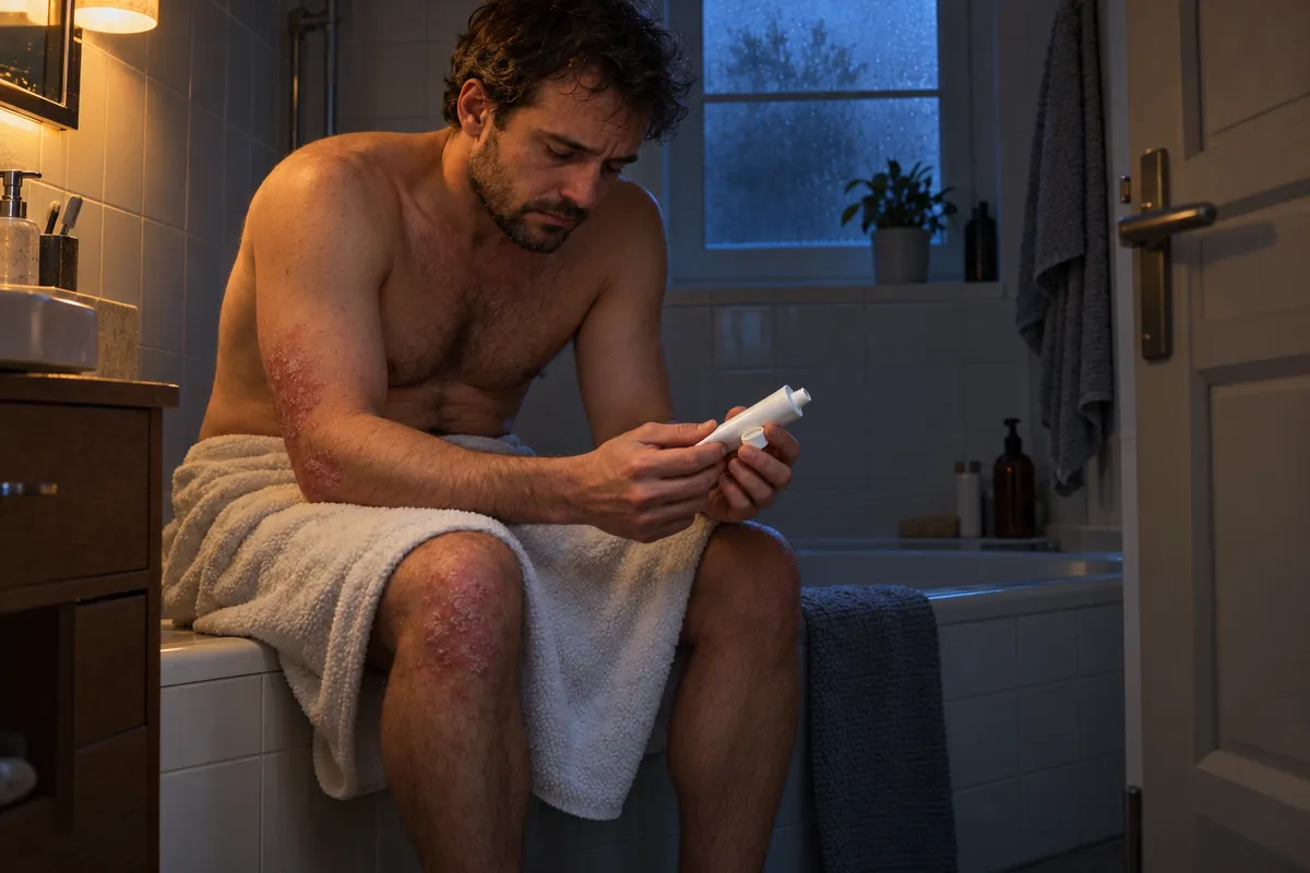Le soir dans une salle de bain, un homme torse nu, une serviette autour de la taille, assis au bord de la baignoire, tient un tube de crème ouvert ; des plaques rouges de psoriasis marquent son coude et son genou.