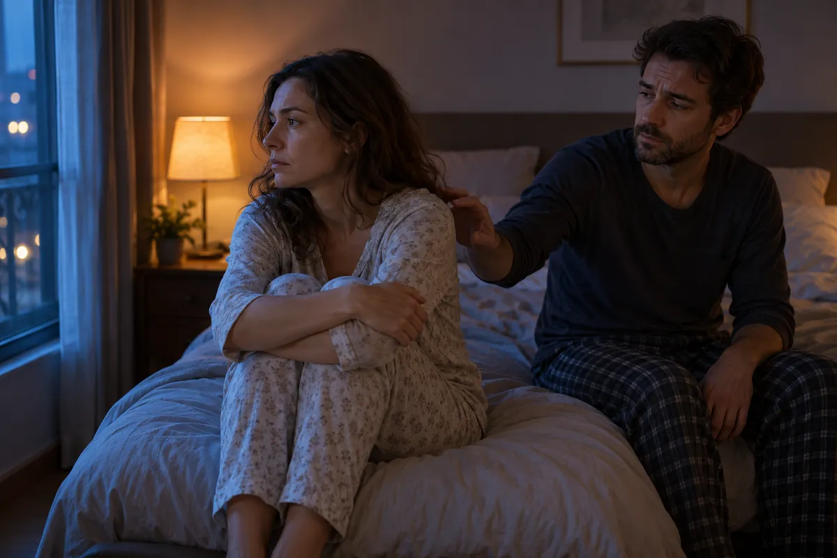 Dans une chambre faiblement éclairée, une femme en pyjama assise sur le lit, les bras autour des genoux, regarde vers la fenêtre tandis que son compagnon tend la main vers son épaule.